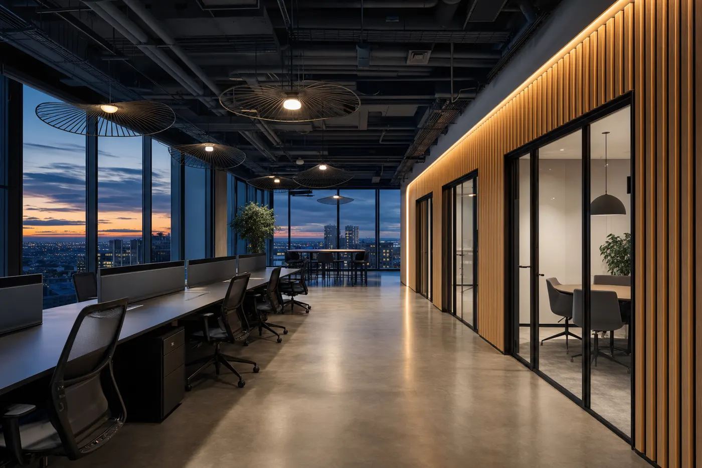 Modern CAT-B office fit-out interior at dusk