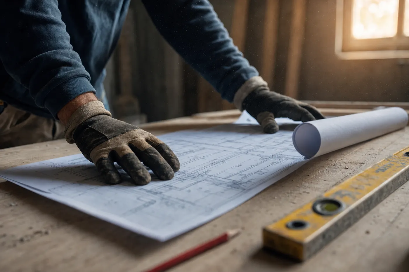Builder's gloved hands reviewing technical drawings with a spirit level