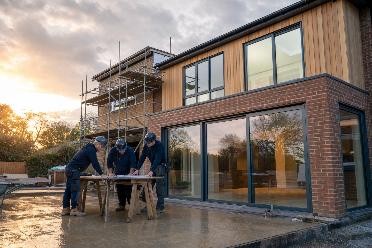 Merrit Construction craftsmen reviewing plans on a modern construction site