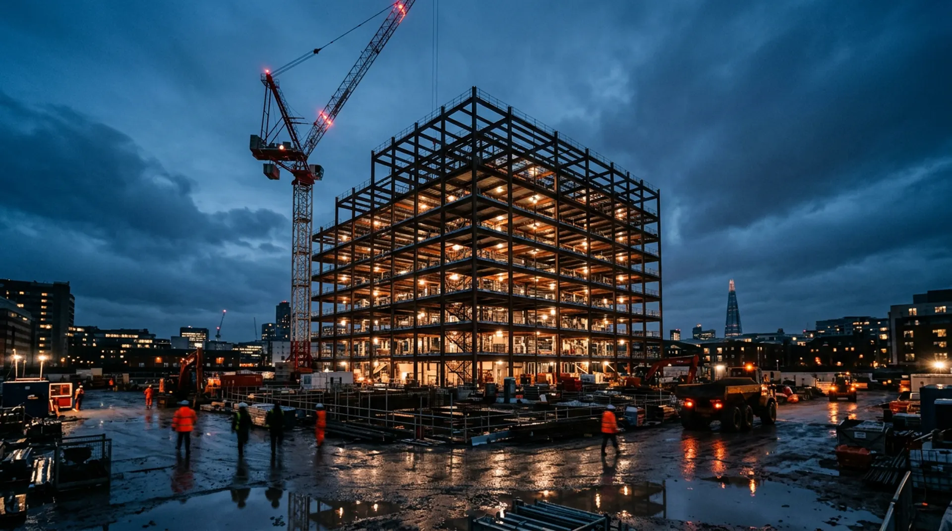 Steel-frame commercial construction site at dusk with a tower crane