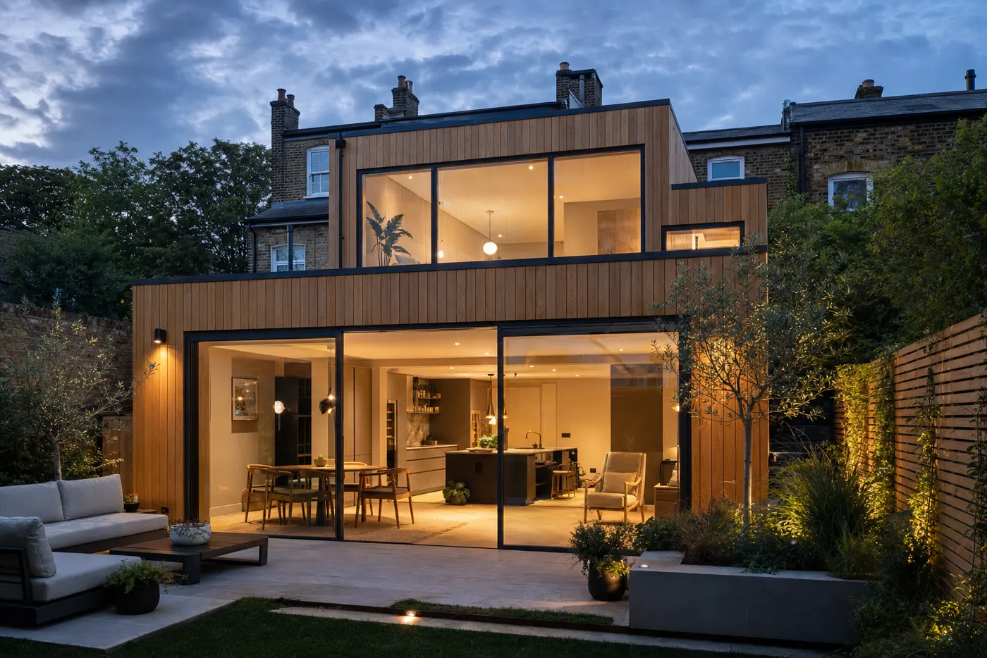 Larch-clad two-storey house extension lit warmly at dusk