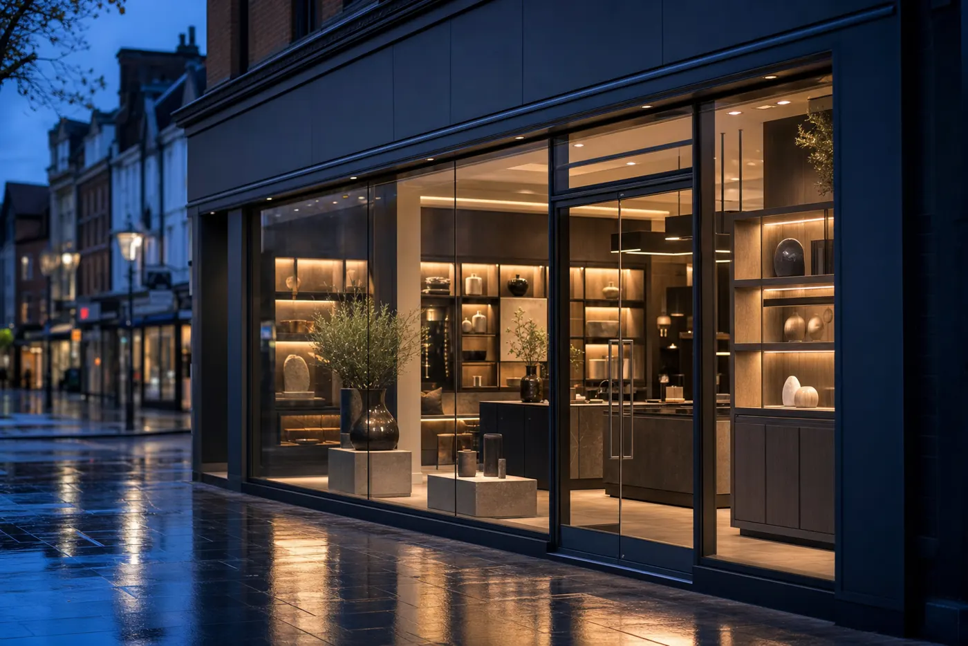 Premium retail shopfront glowing at dusk